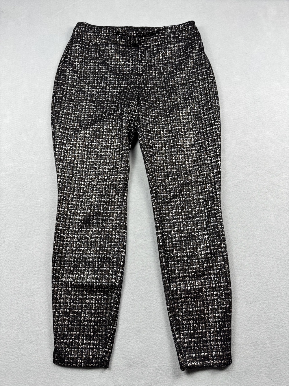 NY & Co Dress Pants Womens Medium Silver Gold Black White Pattern Ankle